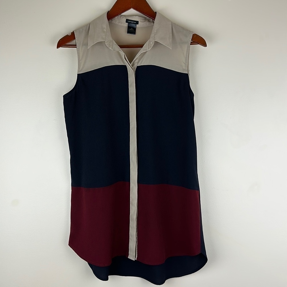 Ann Taylor Woman’s Top Medium Sleeveless Button Down Collar Color block